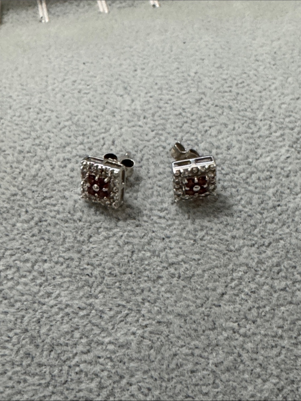 Sterling Silver Square Red Center Stud Earrings
